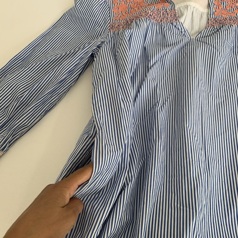 J CREW Leda Dress S Blue Stripe Embroidered Ruffle Hem‎ Boho Cottagecore Peasant - Picture 13 of 15